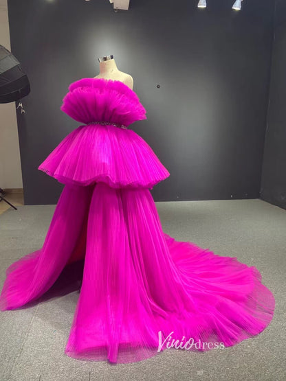 High Low Tulle Prom Dress Burgundy Ruffle Pageant Gown 222141-prom dresses 2025 -Viniodress-Burgundy-Custom Size-