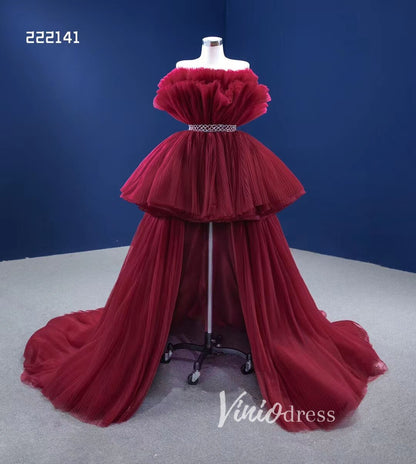 High Low Tulle Prom Dress Burgundy Ruffle Pageant Gown 222141-prom dresses 2025 -Viniodress-Burgundy-Custom Size-