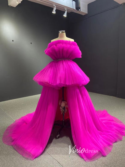 High Low Tulle Prom Dress Burgundy Ruffle Pageant Gown 222141-prom dresses 2025 -Viniodress-Fuchsia-Custom Size-
