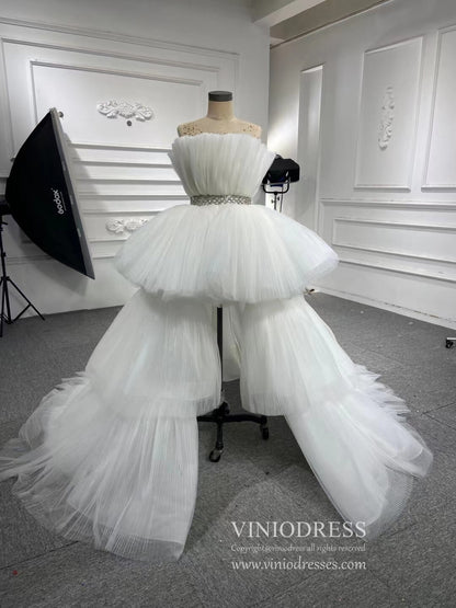 High Low Tulle Prom Dress Burgundy Ruffle Pageant Gown 222141-prom dresses 2025 -Viniodress-Ivory-Custom Size-