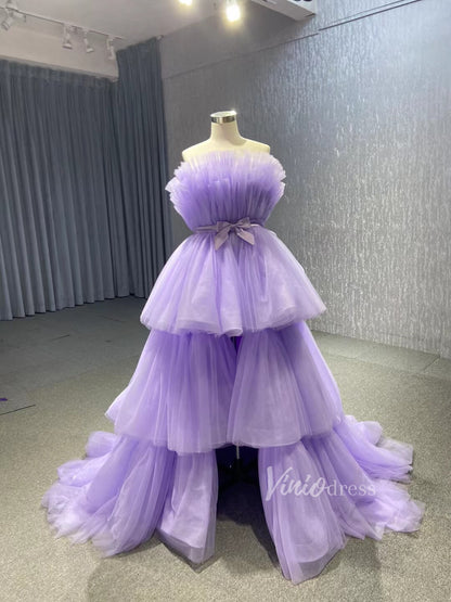 High Low Tulle Prom Dress Burgundy Ruffle Pageant Gown 222141-prom dresses 2025 -Viniodress-Lavender-Custom Size-