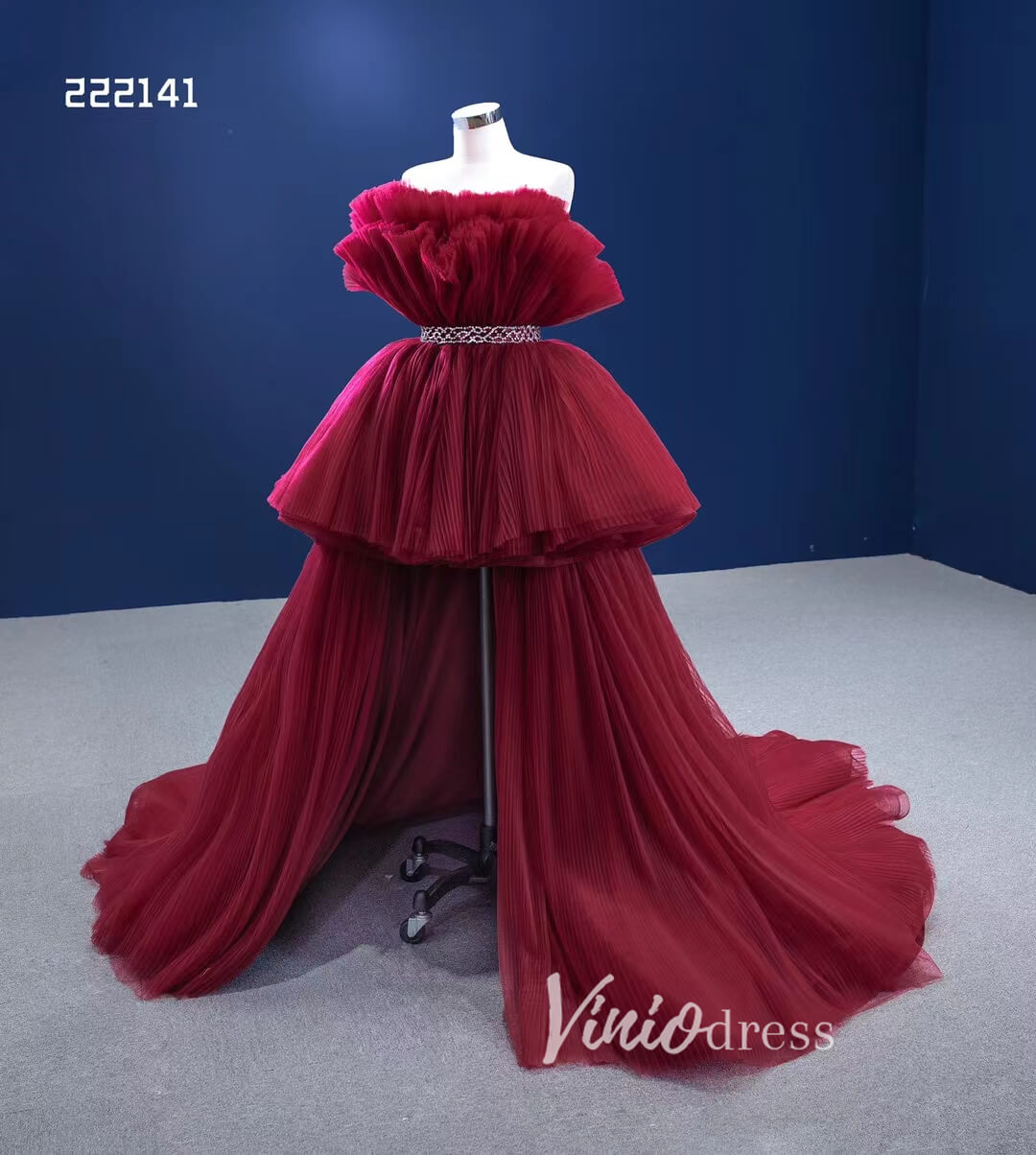 Prom Dress 2025 High Low Tulle Prom Dress Burgundy Ruffle Pageant Gown 222141-unique prom dresses-Burgundy-Custom Size-Viniodress