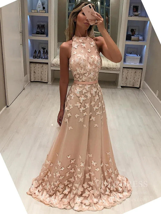High Neck 3D Butterfly Junior Prom Dresses Backless Formal Dress FD1687-prom dresses 2025 -Viniodress-Blush Pink-US 2-