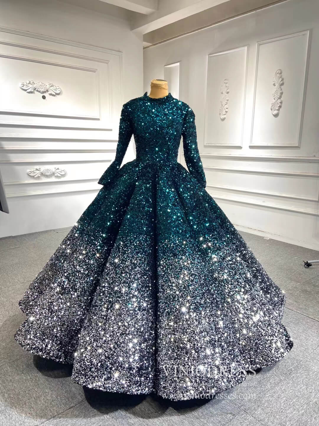 Prom Dress 2025 High Neck Ball Gown Wedding Dress with Sleeves 66991-unique Quinceanera Dresses-Green Silver-Custom Size-Viniodress