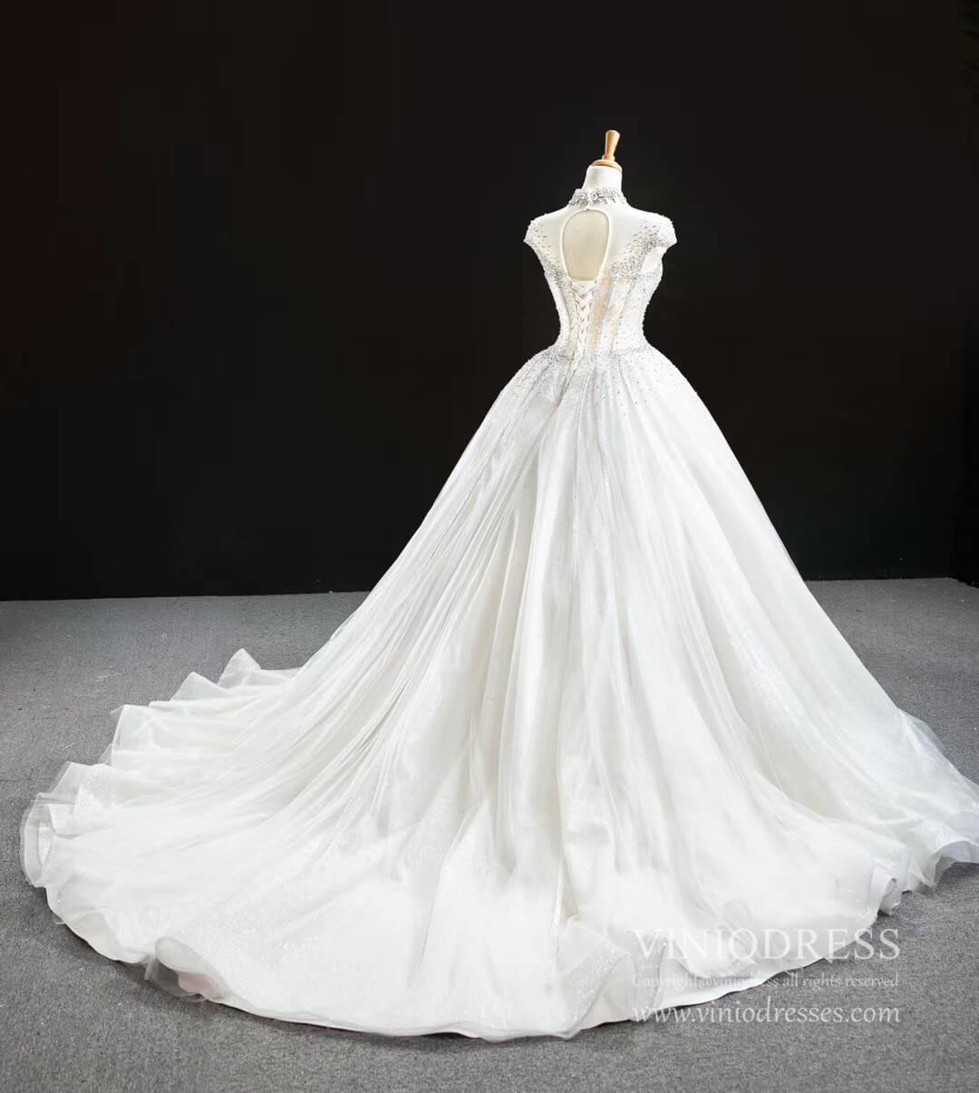 High Neck Ball Gown Wedding Dresses Sparkly Beaded Bridal Gown VW1761-wedding dresses 2025 -Viniodress-Chapel Train-Ivory-Custom Size