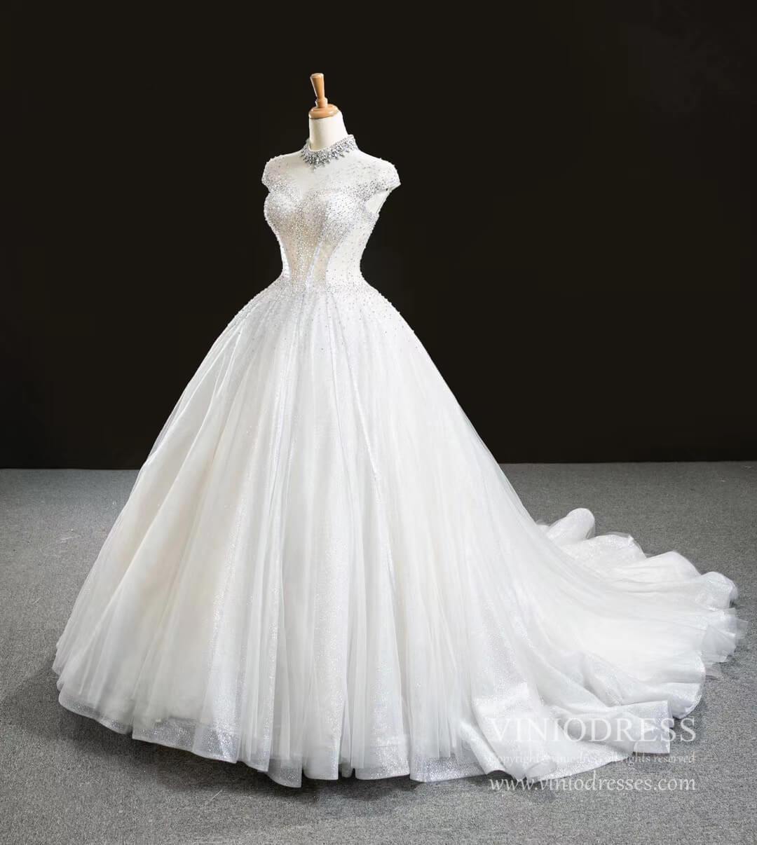 High Neck Ball Gown Wedding Dresses Sparkly Beaded Bridal Gown VW1761-wedding dresses 2025 -Viniodress-Chapel Train-Ivory-Custom Size