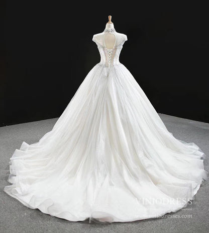 High Neck Ball Gown Wedding Dresses Sparkly Beaded Bridal Gown VW1761-wedding dresses 2025 -Viniodress-Chapel Train-Ivory-Custom Size