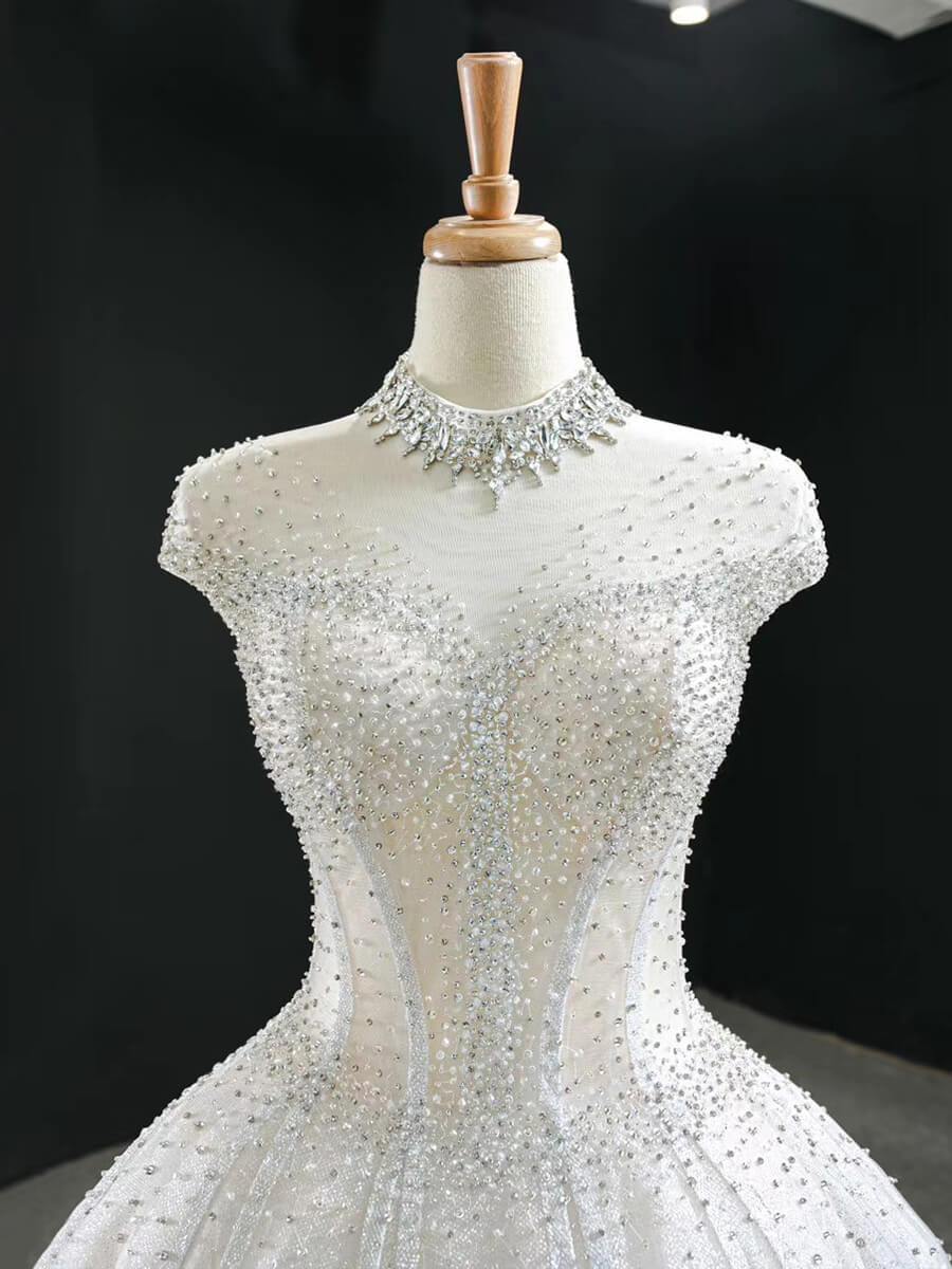 High Neck Ball Gown Wedding Dresses Sparkly Beaded Bridal Gown VW1761-wedding dresses 2025 -Viniodress-Chapel Train-Ivory-Custom Size