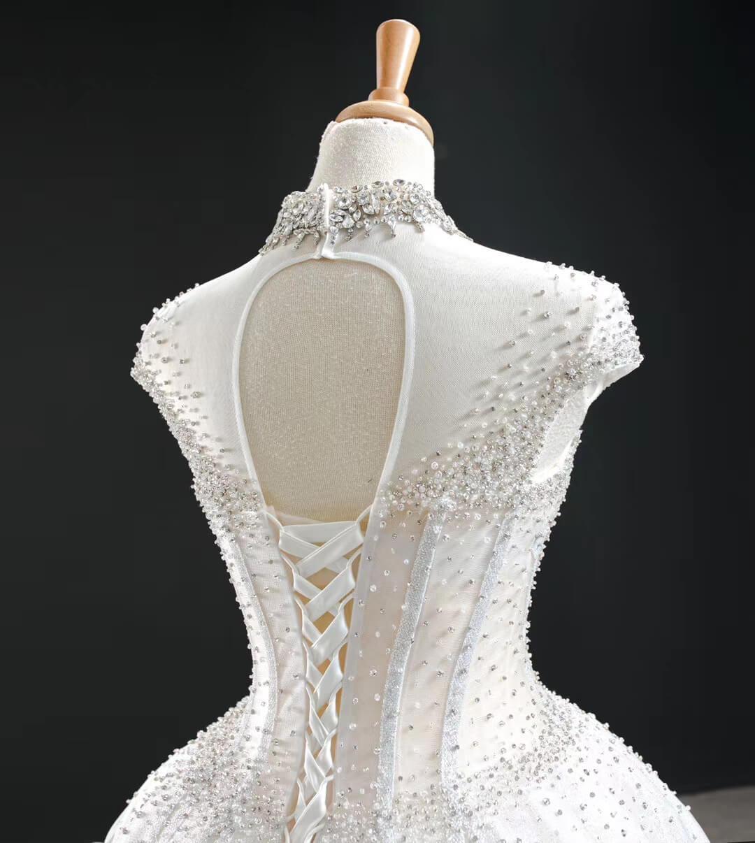 High Neck Ball Gown Wedding Dresses Sparkly Beaded Bridal Gown VW1761-wedding dresses 2025 -Viniodress-Chapel Train-Ivory-Custom Size