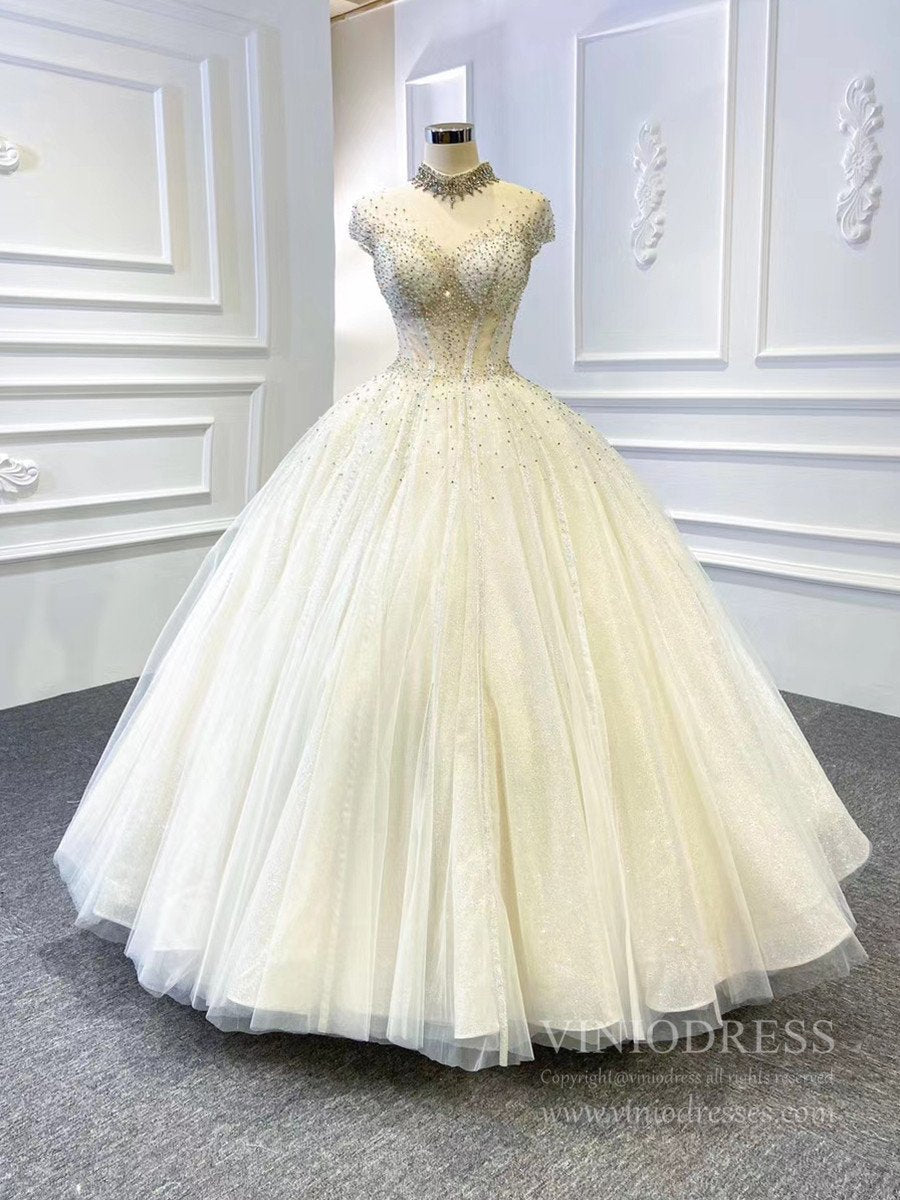 High Neck Ball Gown Wedding Dresses Sparkly Beaded Bridal Gown VW1761-wedding dresses 2025 -Viniodress-Floor Length-Ivory-Custom Size