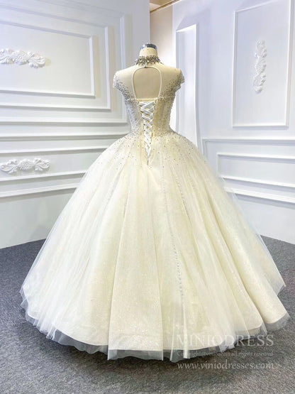High Neck Ball Gown Wedding Dresses Sparkly Beaded Bridal Gown VW1761-wedding dresses 2025 -Viniodress-Chapel Train-Ivory-Custom Size