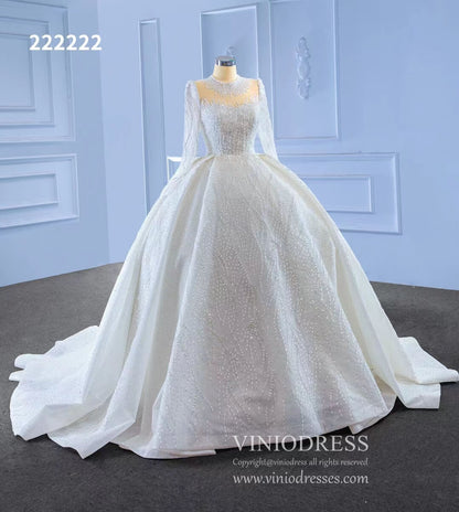 High Neck Ball Gown Wedding Dresses with Long Sleeve 222222-wedding dresses 2025 -Viniodress-Ivory-Custom Size-