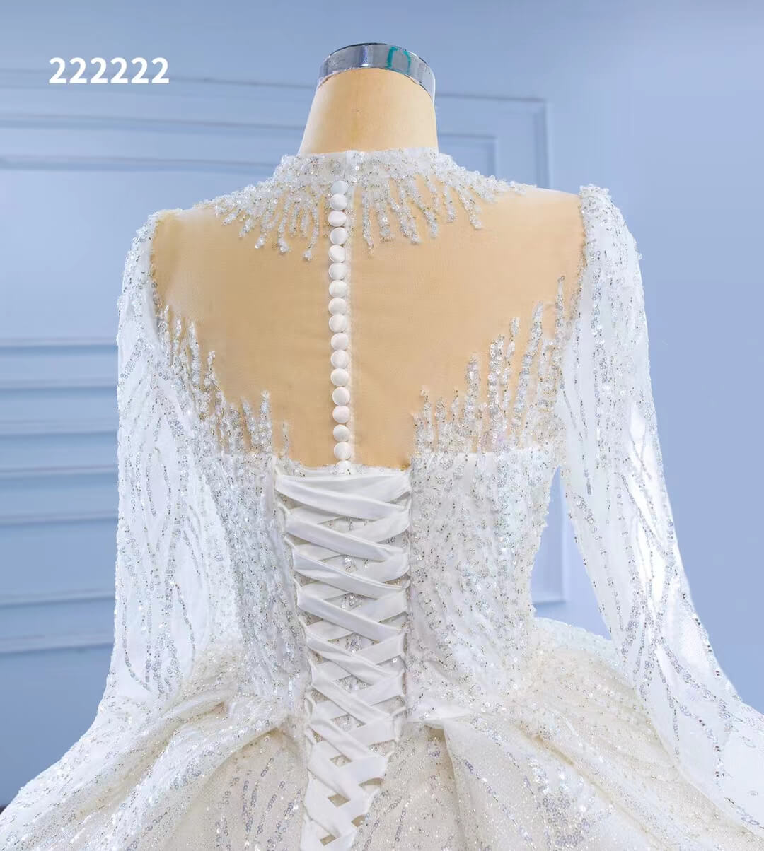 High Neck Ball Gown Wedding Dresses with Long Sleeve 222222-wedding dresses 2025 -Viniodress-Ivory-Custom Size-