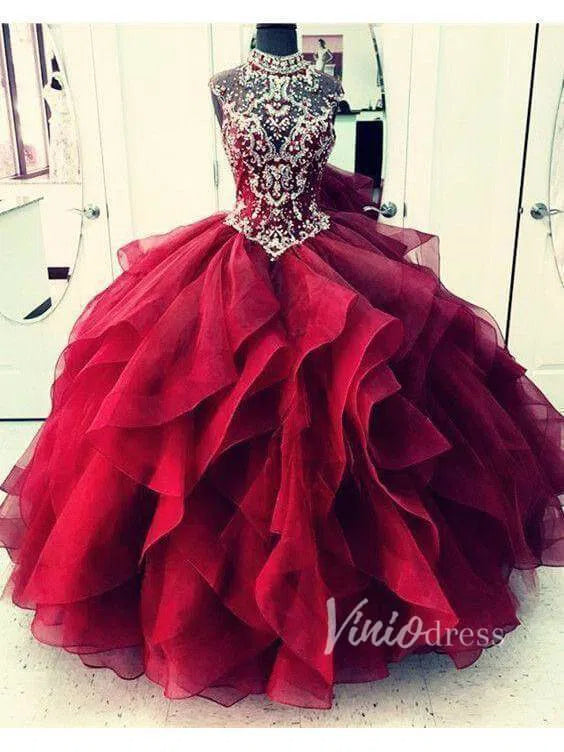 High Neck Beaded Ball Gowns Vintage Quinceanera Dress FD1315-prom dresses-Viniodress-Burgundy-Custom Size-Viniodress