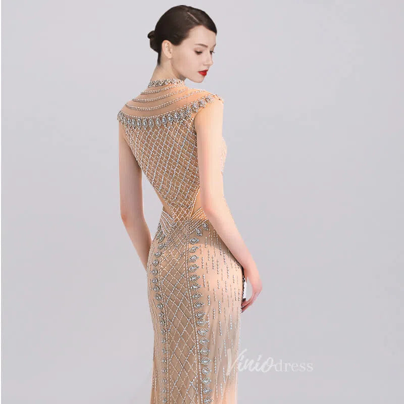 High Neck Beaded Champagne Prom Dresses FD1439-Evening Dresses 2025 -Viniodress-Gold-Custom Size-
