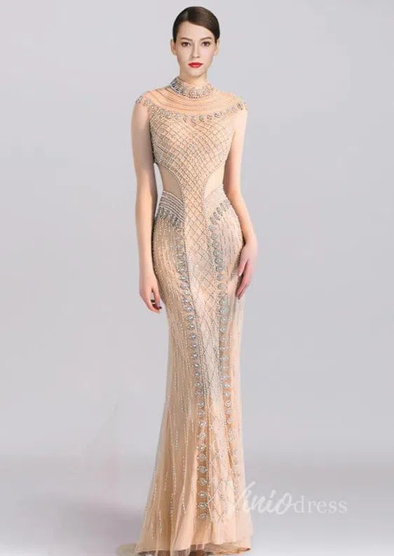 High Neck Beaded Champagne Prom Dresses FD1439-Evening Dresses 2025 -Viniodress-Gold-Custom Size-