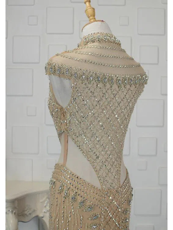 High Neck Beaded Champagne Prom Dresses FD1439-Evening Dresses 2025 -Viniodress-Gold-Custom Size-