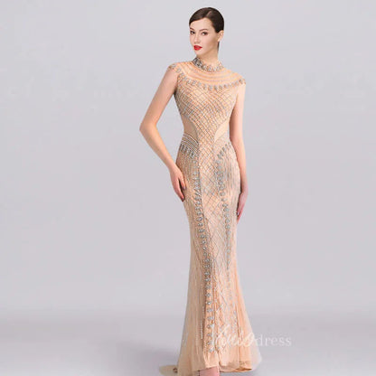 High Neck Beaded Champagne Prom Dresses FD1439-Evening Dresses 2025 -Viniodress-Gold-Custom Size-