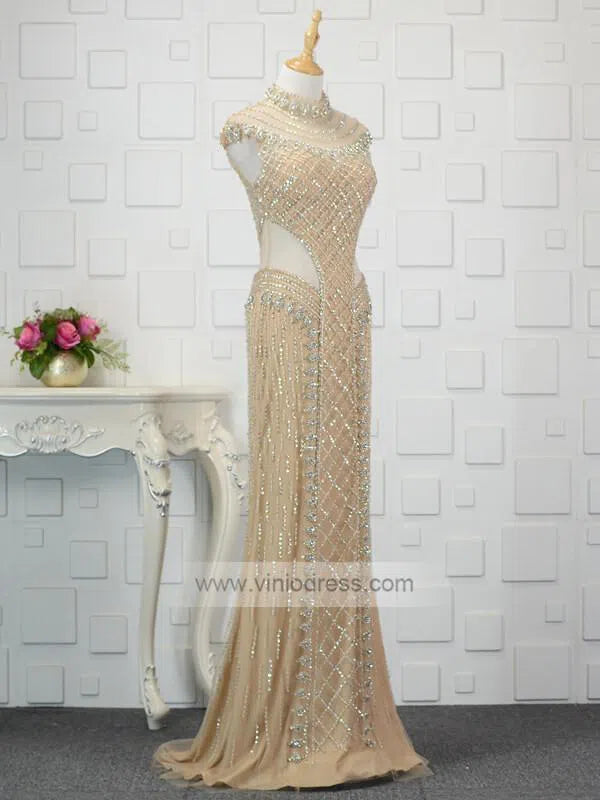 High Neck Beaded Champagne Prom Dresses FD1439-Evening Dresses 2025 -Viniodress-Gold-Custom Size-