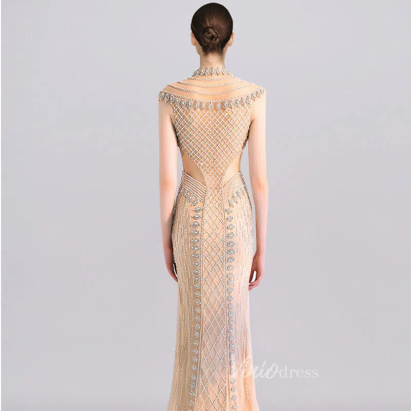 Prom Dress 2025 High Neck Beaded Champagne Prom Dresses FD1439-unique prom dresses-Gold-Custom Size-Viniodress