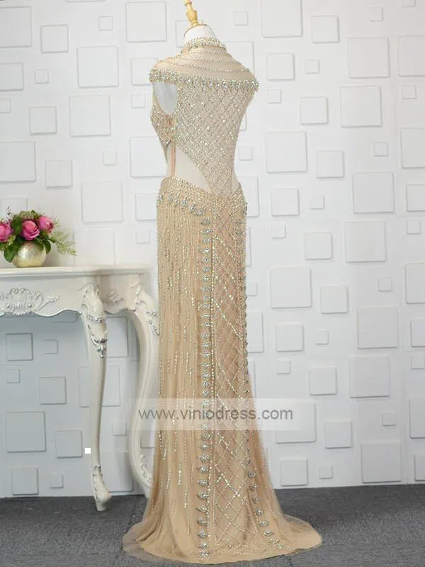 Prom Dress 2025 High Neck Beaded Champagne Prom Dresses FD1439-unique prom dresses-Gold-Custom Size-Viniodress