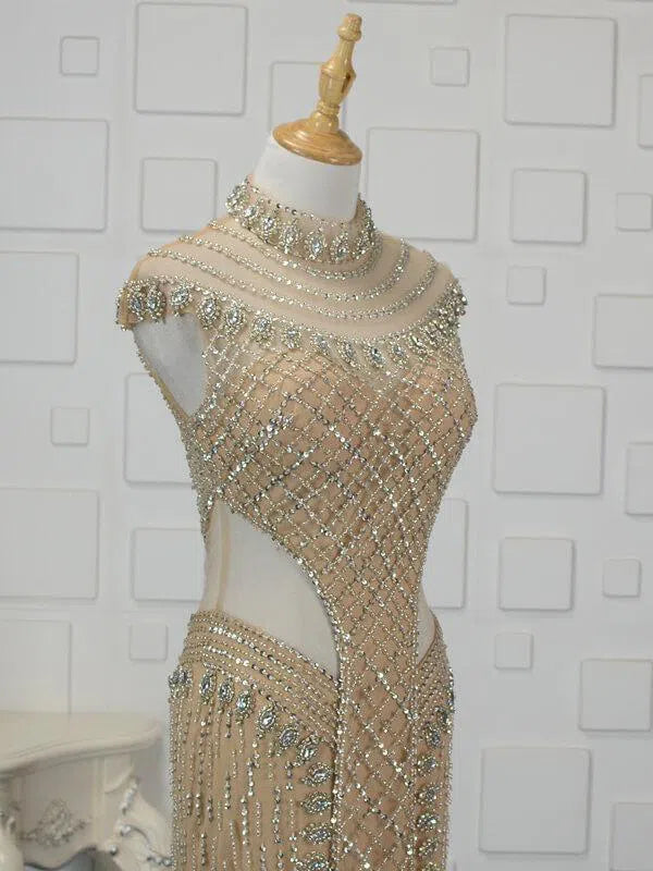 Prom Dress 2025 High Neck Beaded Champagne Prom Dresses FD1439-unique prom dresses-Gold-Custom Size-Viniodress