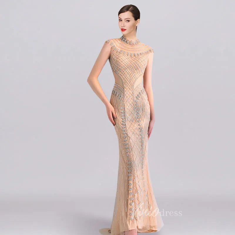 Prom Dress 2025 High Neck Beaded Champagne Prom Dresses FD1439-unique prom dresses-Gold-Custom Size-Viniodress