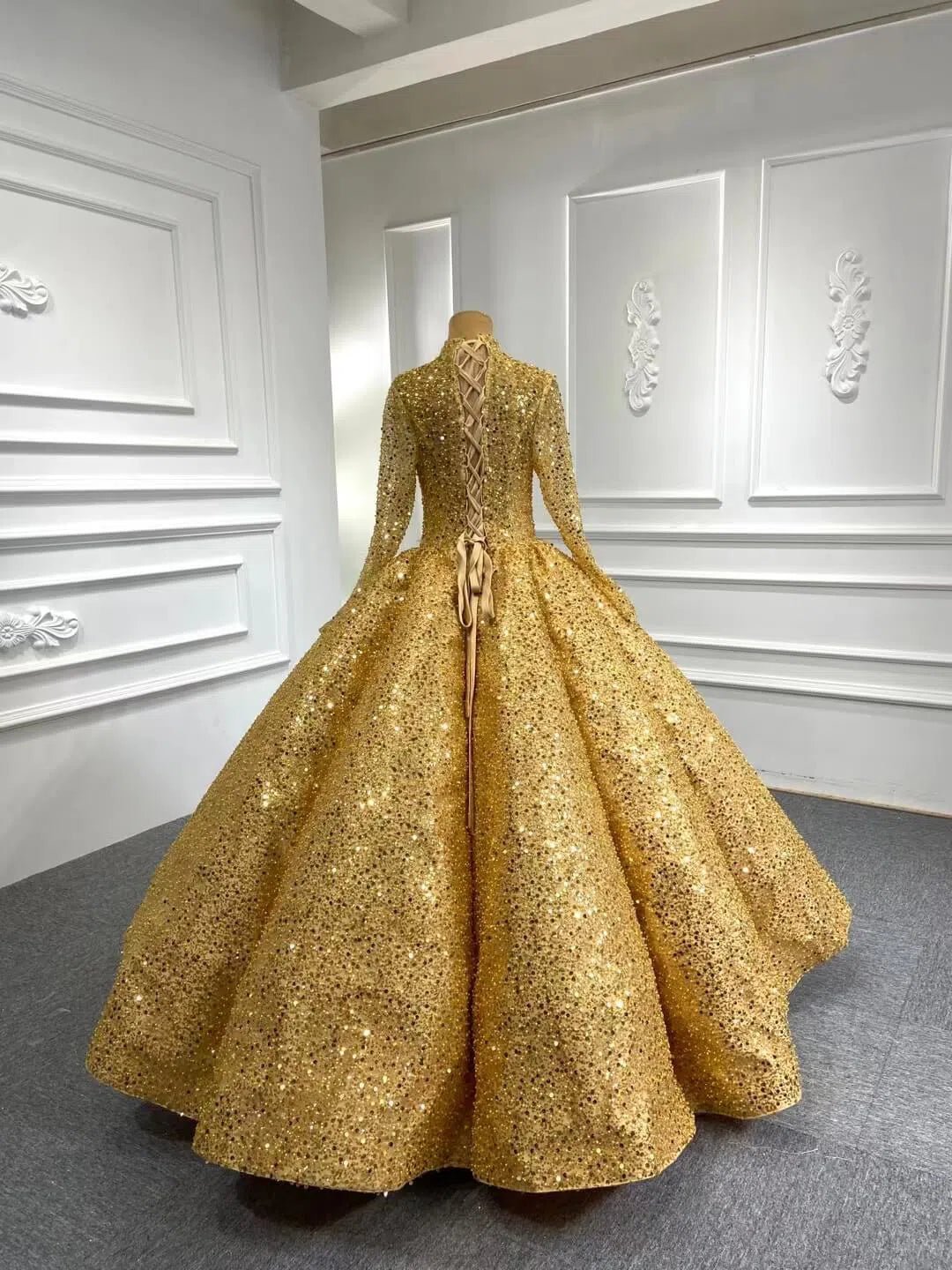 High Neck Beaded Gold Ball Gown Modest Wedding Dress FD67288B viniodress-Quinceanera Dresses 2025 -Viniodress-Gold-Custom Size-