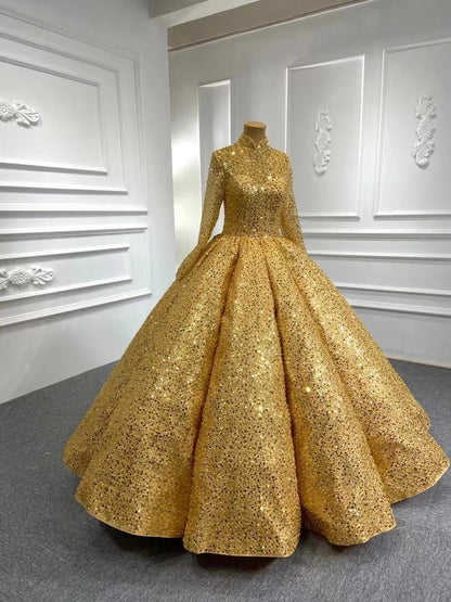 High Neck Beaded Gold Ball Gown Modest Wedding Dress FD67288B viniodress-Quinceanera Dresses 2025 -Viniodress-Gold-Custom Size-