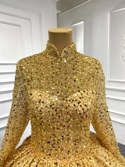 High Neck Beaded Gold Ball Gown Modest Wedding Dress FD67288B viniodress-Quinceanera Dresses 2025 -Viniodress-Gold-Custom Size-