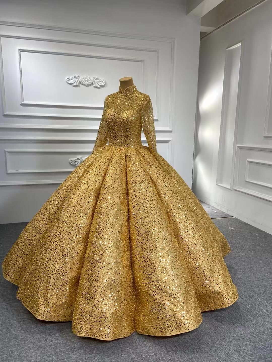 Prom Dress 2025 High Neck Beaded Gold Ball Gown Modest Wedding Dress FD67288B viniodress-unique Quinceanera Dresses-Gold-Custom Size-Viniodress