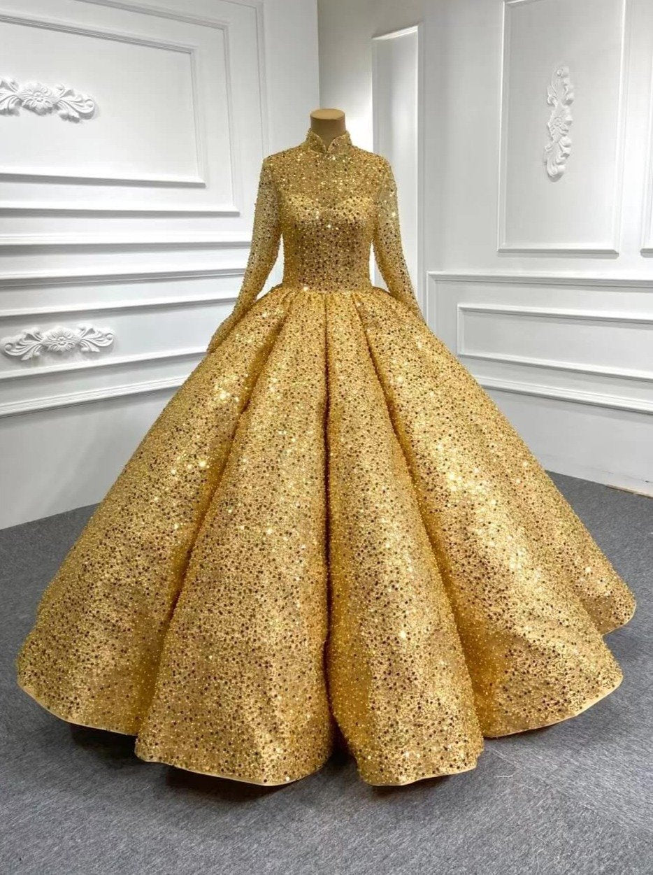 Prom Dress 2025 High Neck Beaded Gold Ball Gown Modest Wedding Dress FD67288B viniodress-unique Quinceanera Dresses-Gold-Custom Size-Viniodress