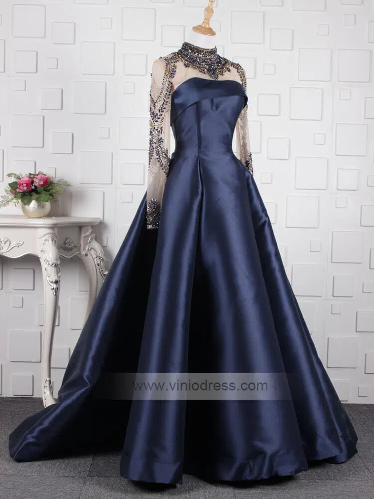 High Neck Beaded Long Prom Dresses with Sleeves FD1404-prom dresses 2025 -Viniodress-Navy Blue-Custom Size-
