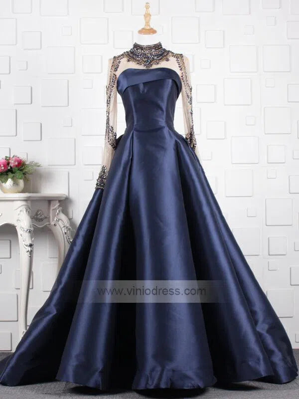High Neck Beaded Long Prom Dresses with Sleeves FD1404-prom dresses 2025 -Viniodress-Navy Blue-Custom Size-