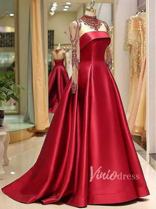 High Neck Beaded Long Prom Dresses with Sleeves FD1404-prom dresses 2025 -Viniodress-Red-Custom Size-