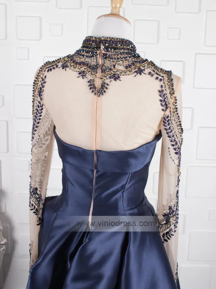 Prom Dress 2025 High Neck Beaded Long Prom Dresses with Sleeves FD1404-unique prom dresses-Navy Blue-Custom Size-Viniodress