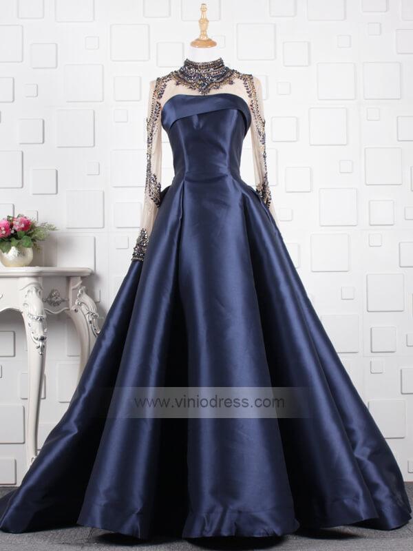 High Neck Beaded Long Prom Dresses with Sleeves FD1404-prom dresses-Viniodress-Navy Blue-Custom Size-Viniodress