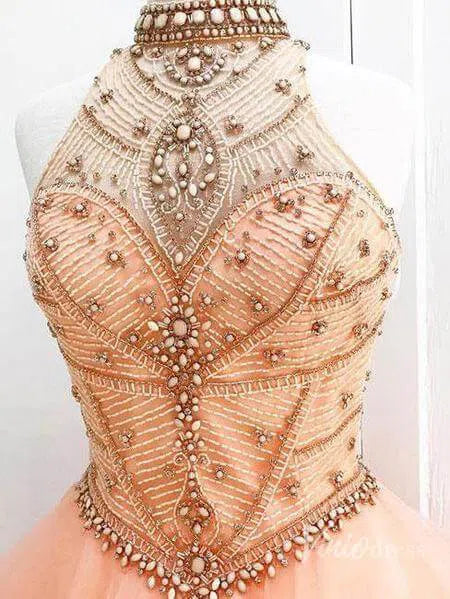 High Neck Beaded Quinceanera Dresses Princess Ball Gowns FD1314-prom dresses 2025 -Viniodress-Blush Pink-Custom Size-