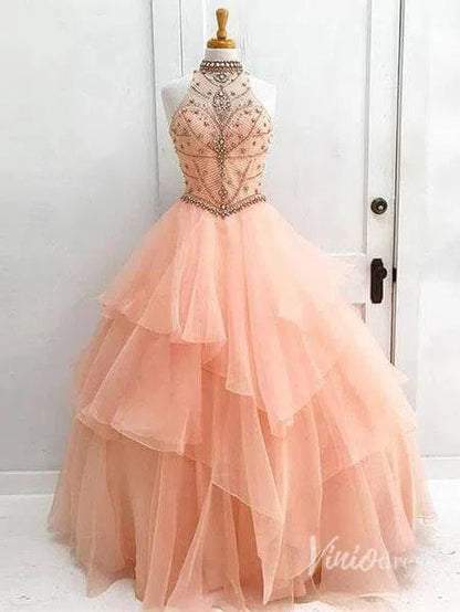 High Neck Beaded Quinceanera Dresses Princess Ball Gowns FD1314-prom dresses 2025 -Viniodress-Blush Pink-Custom Size-