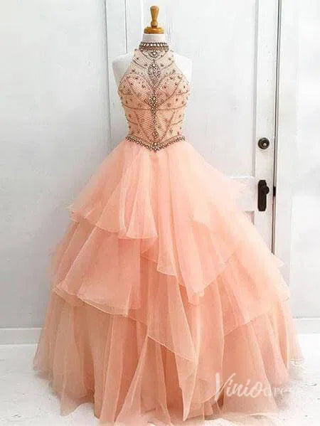 High Neck Beaded Quinceanera Dresses Princess Ball Gowns FD1314-prom dresses 2025 -Viniodress-Blush Pink-Custom Size-