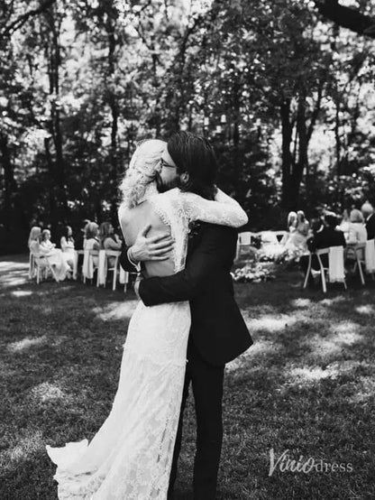 High Neck Bohemian Wedding Dresses with Sleeves, Open Back VW1104-wedding dresses 2025 -Viniodress-Nude-Custom Size-