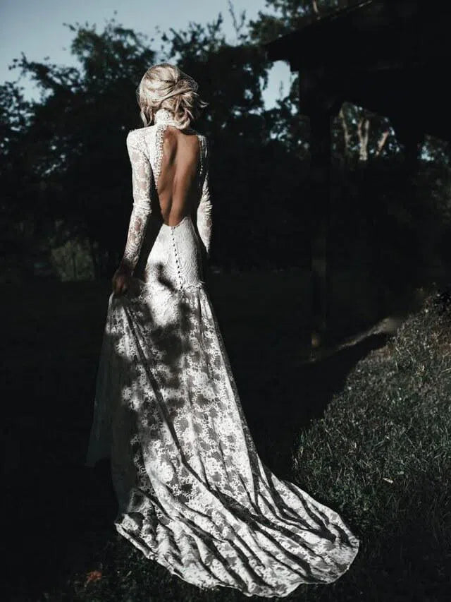 High Neck Bohemian Wedding Dresses with Sleeves, Open Back VW1104 Viniodress High Neck Bohemian Wedding Dresses with Sleeves, Open Back VW1104 Viniodress