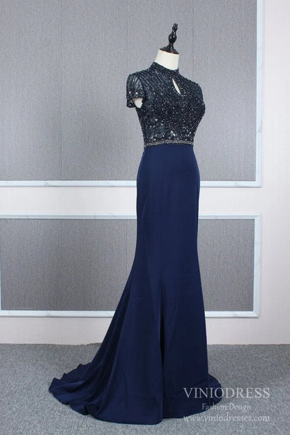 High Neck Dark Red Beaded Prom Dresses Mermaid Evening Dress FD2506-Evening Dresses 2025 -Viniodress-Dark Red-US 2-