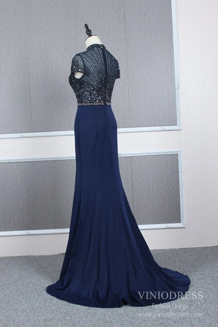 High Neck Dark Red Beaded Prom Dresses Mermaid Evening Dress FD2506-Evening Dresses 2025 -Viniodress-Dark Red-US 2-