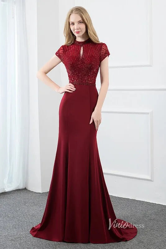 High Neck Dark Red Beaded Prom Dresses Mermaid Evening Dress FD2506-Evening Dresses 2025 -Viniodress-Dark Red-US 2-