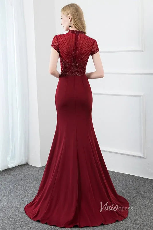 High Neck Dark Red Beaded Prom Dresses Mermaid Evening Dress FD2506-Evening Dresses 2025 -Viniodress-Dark Red-US 2-