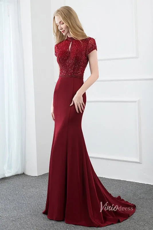 High Neck Dark Red Beaded Prom Dresses Mermaid Evening Dress FD2506-Evening Dresses 2025 -Viniodress-Dark Red-US 2-