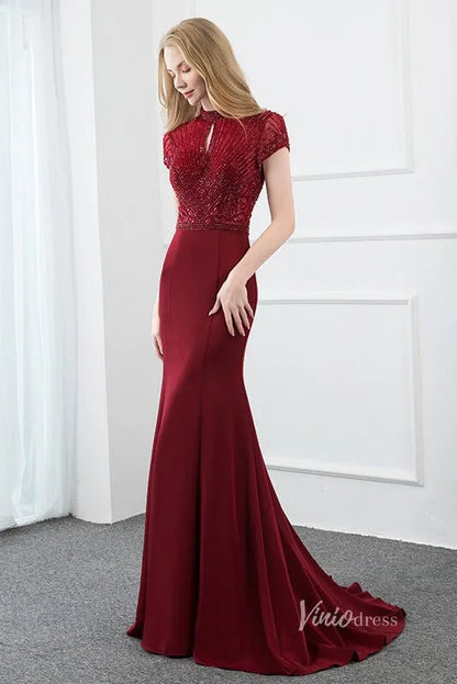 High Neck Dark Red Beaded Prom Dresses Mermaid Evening Dress FD2506-Evening Dresses 2025 -Viniodress-Dark Red-US 2-