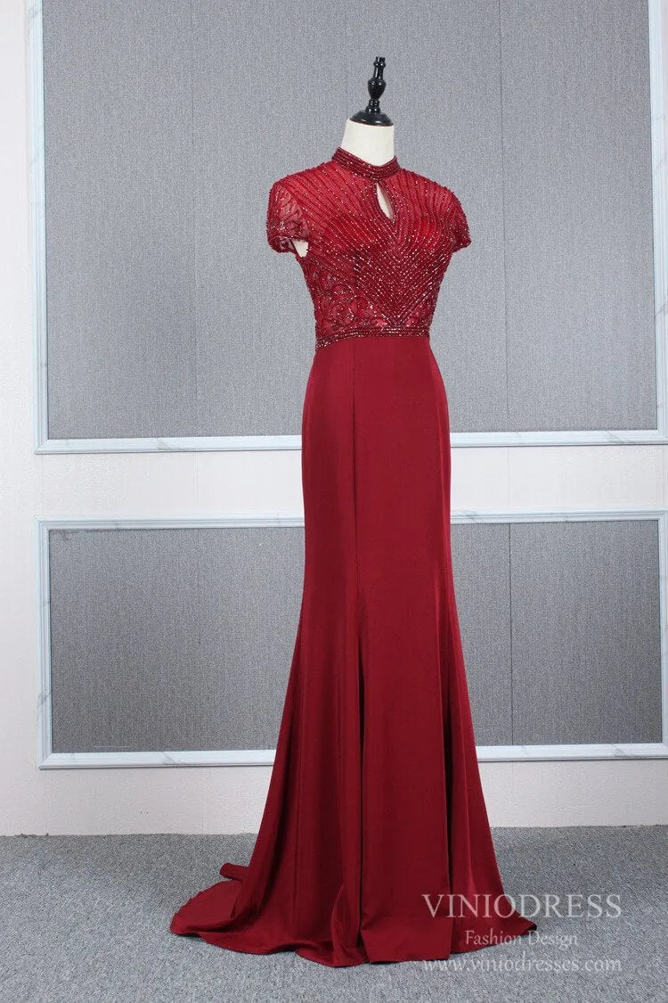 High Neck Dark Red Beaded Prom Dresses Mermaid Evening Dress FD2506-Evening Dresses 2025 -Viniodress-Dark Red-US 2-