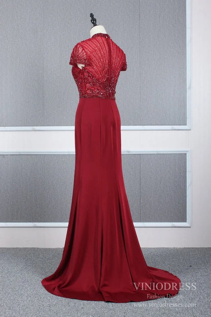 High Neck Dark Red Beaded Prom Dresses Mermaid Evening Dress FD2506-Evening Dresses 2025 -Viniodress-Dark Red-US 2-